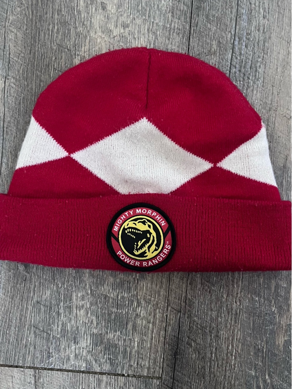 Power Ranger Red & White Diamond Cuff Beanie with Dino Patch